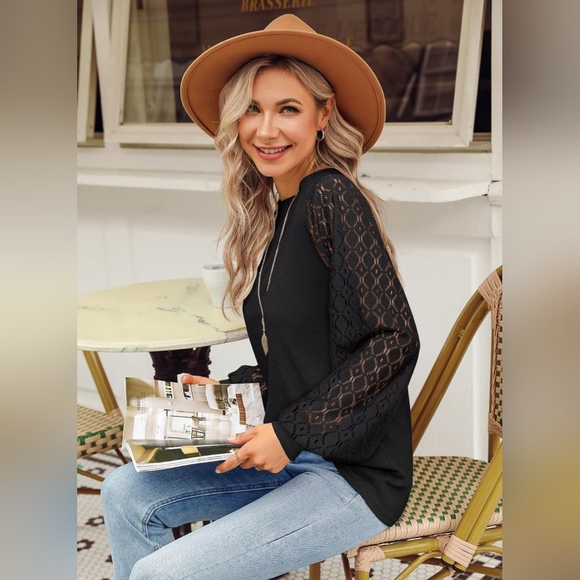 Women’s Long Sleeve Black Top, Lace Casual, Loose Blouse, size Medium - Picture 4 of 9